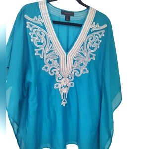 Karen Kane Blue Silk Blend To Hem Embroidered Kimono Blouse Size L